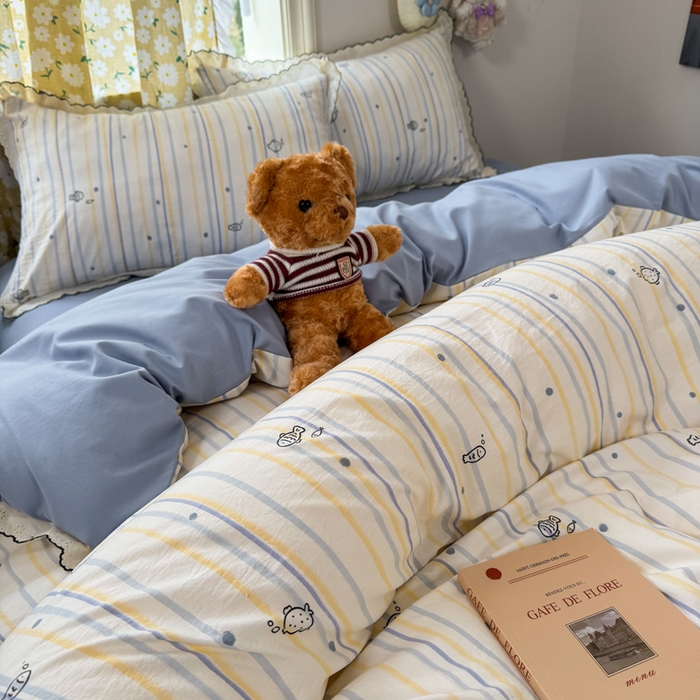 91家纺网 家纺一手货源 找家纺 仟网汇 2026新款A类仿棉古法水洗棉法式小清新花边四件套鱼多多