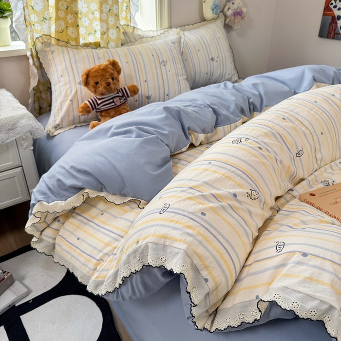 仟网汇 2026新款A类仿棉古法水洗棉法式小清新花边四件套鱼多多