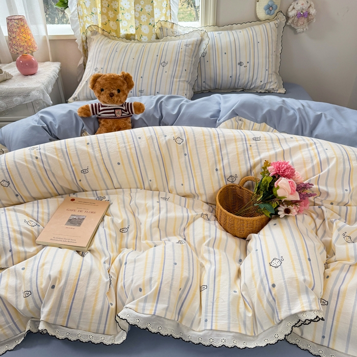 91家纺网 家纺一手货源 找家纺 仟网汇 2026新款A类仿棉古法水洗棉法式小清新花边四件套鱼多多