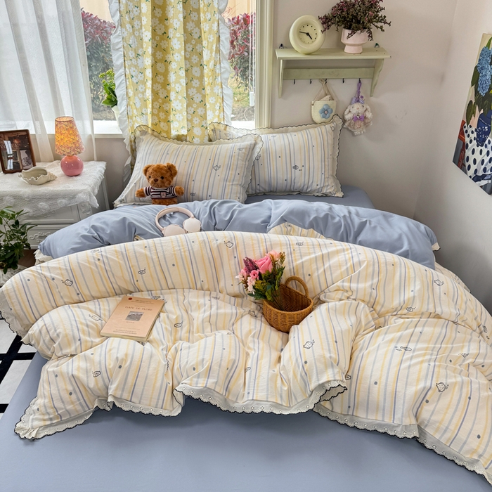 91家纺网 家纺一手货源 找家纺 仟网汇 2026新款A类仿棉古法水洗棉法式小清新花边四件套鱼多多