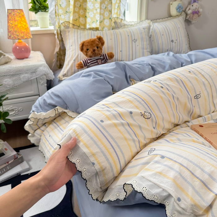 91家纺网 家纺一手货源 找家纺 仟网汇 2026新款A类仿棉古法水洗棉法式小清新花边四件套鱼多多