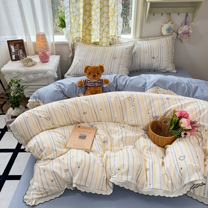 91家纺网 家纺一手货源 找家纺 仟网汇 2026新款A类仿棉古法水洗棉法式小清新花边四件套鱼多多