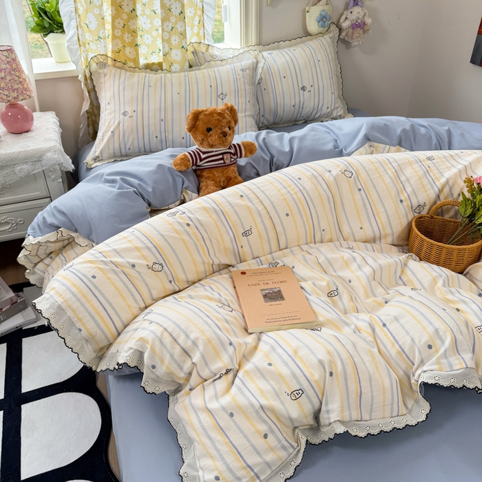 91家纺网 家纺一手货源 找家纺 仟网汇 2026新款A类仿棉古法水洗棉法式小清新花边四件套鱼多多