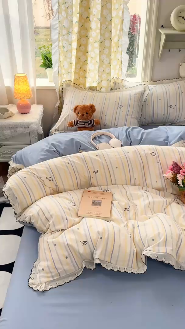 91家纺网 家纺一手货源 找家纺 仟网汇 2026新款A类仿棉古法水洗棉法式小清新花边四件套鱼多多