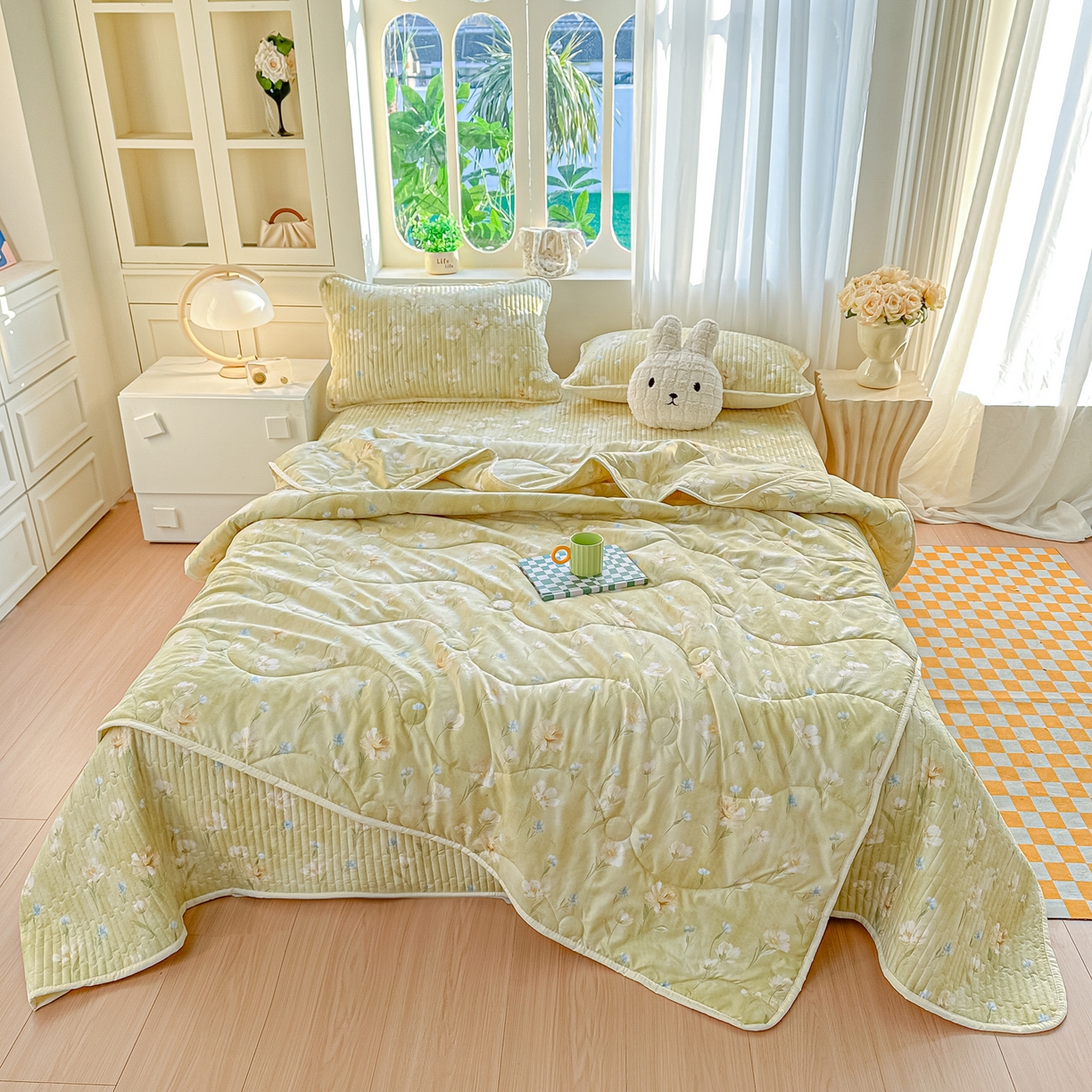 91家纺网 家纺一手货源 找家纺 慕澄家纺 2026新款小清新印花水洗棉床盖单品床盖床盖单件 绿尧