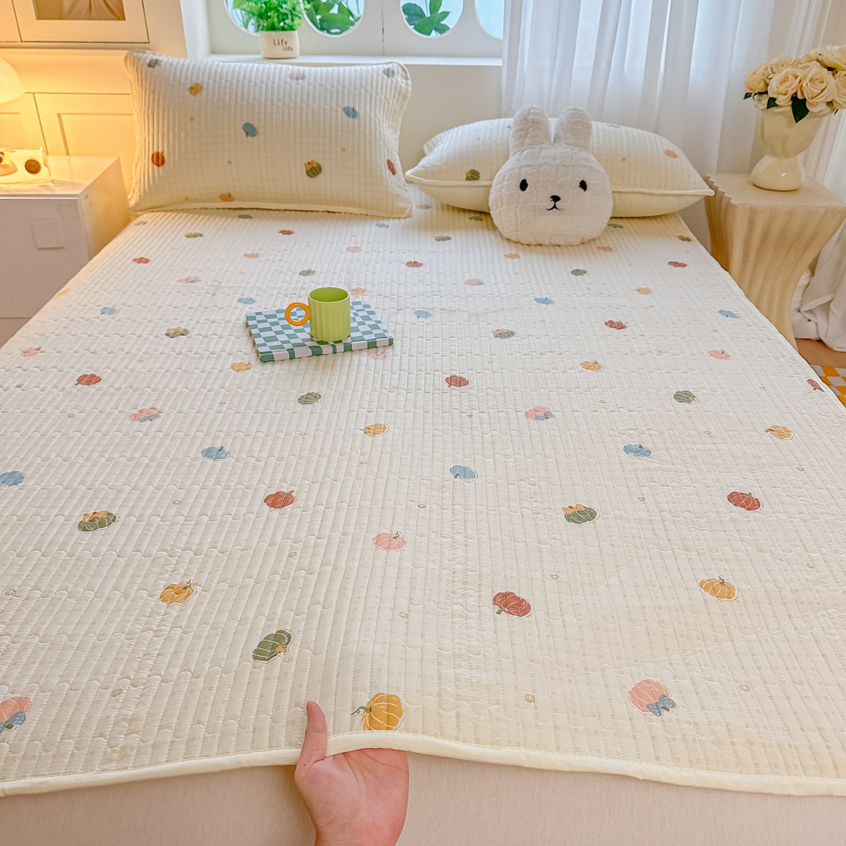 91家纺网 家纺一手货源 找家纺 慕澄家纺 2026新款小清新印花水洗棉床盖单品床盖床盖单件 彩色南瓜