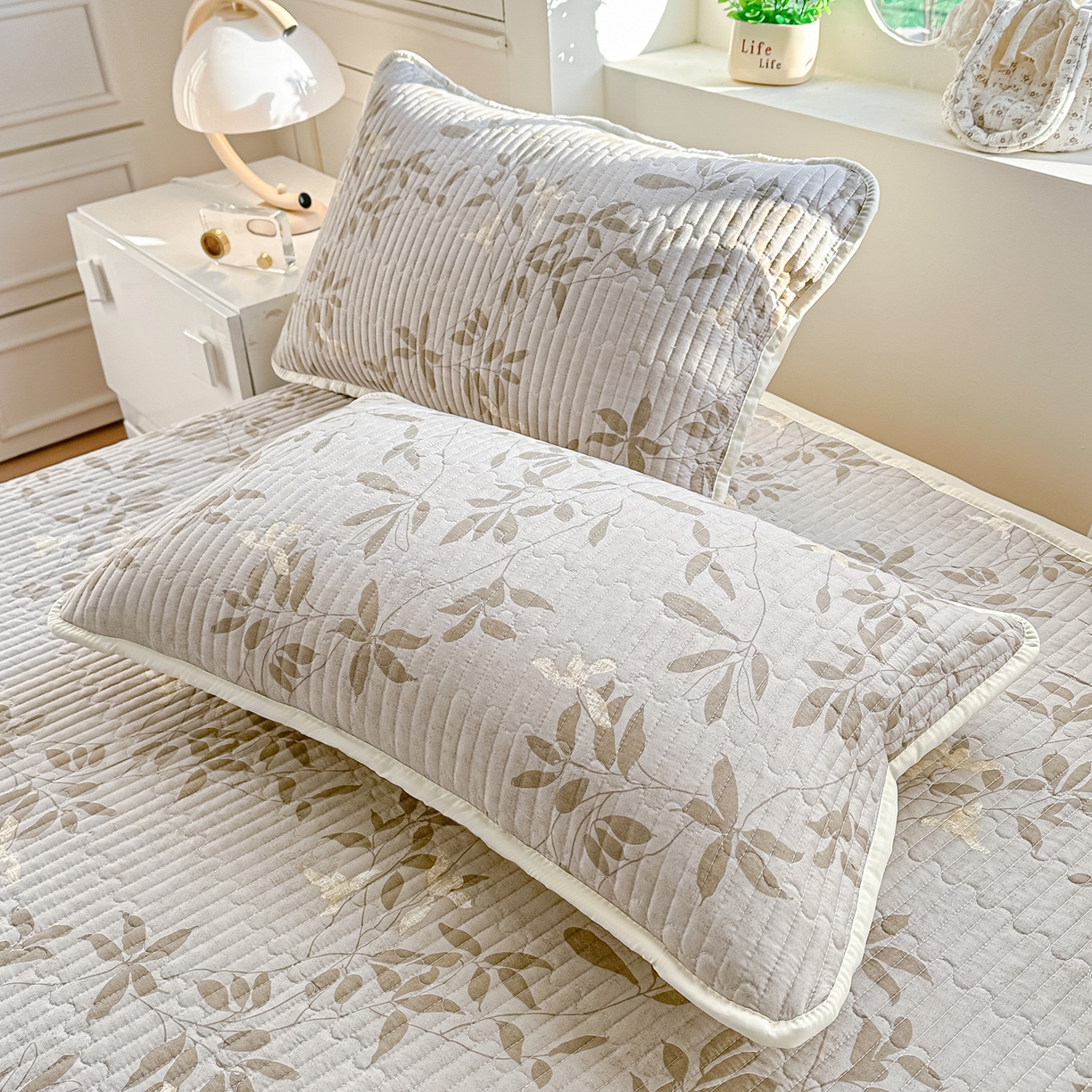 91家纺网 家纺一手货源 找家纺 慕澄家纺 2026新款小清新印花水洗棉床盖单品床盖床盖单件 灰叶