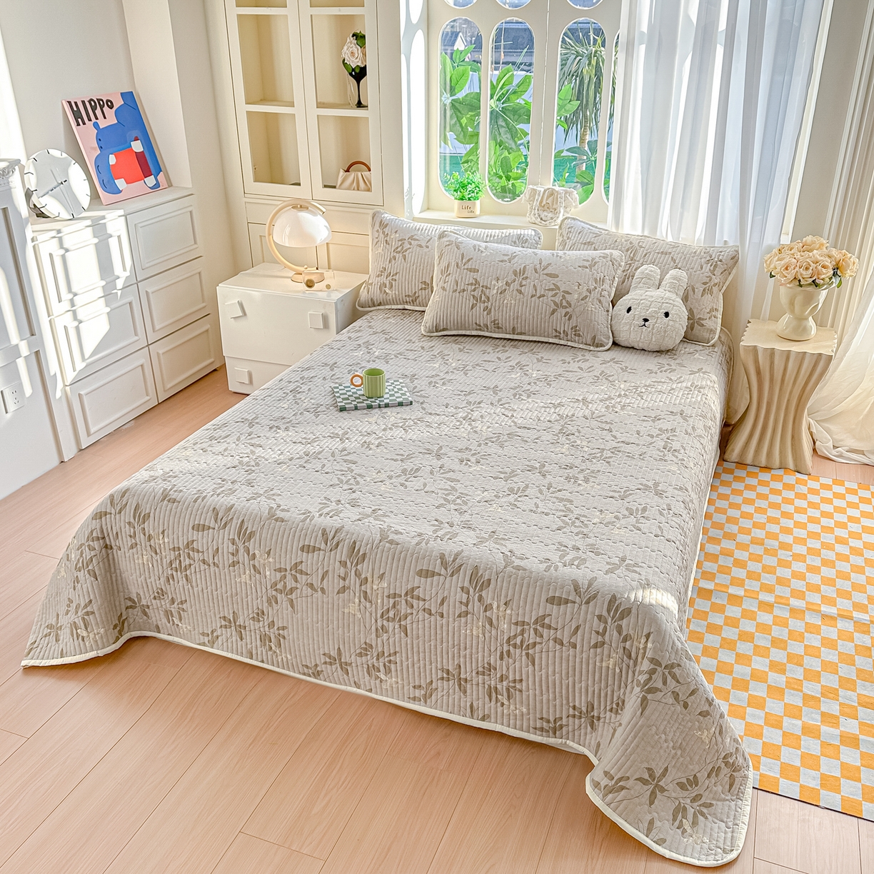 91家纺网 家纺一手货源 找家纺 慕澄家纺 2026新款小清新印花水洗棉床盖单品床盖床盖单件 灰叶