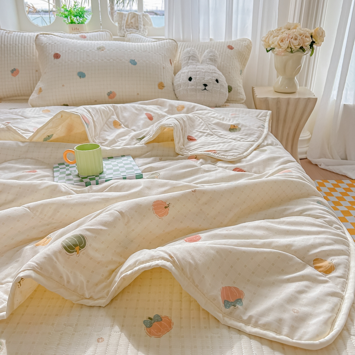 91家纺网 家纺一手货源 找家纺 慕澄家纺 2026新款小清新印花水洗棉床盖单品床盖床盖单件 彩色南瓜
