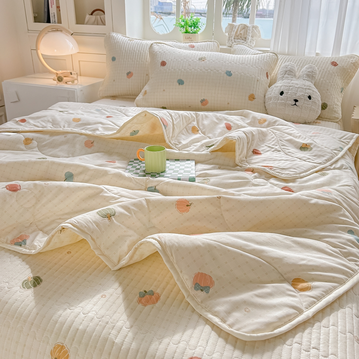 91家纺网 家纺一手货源 找家纺 慕澄家纺 2026新款小清新印花水洗棉床盖单品床盖床盖单件 彩色南瓜