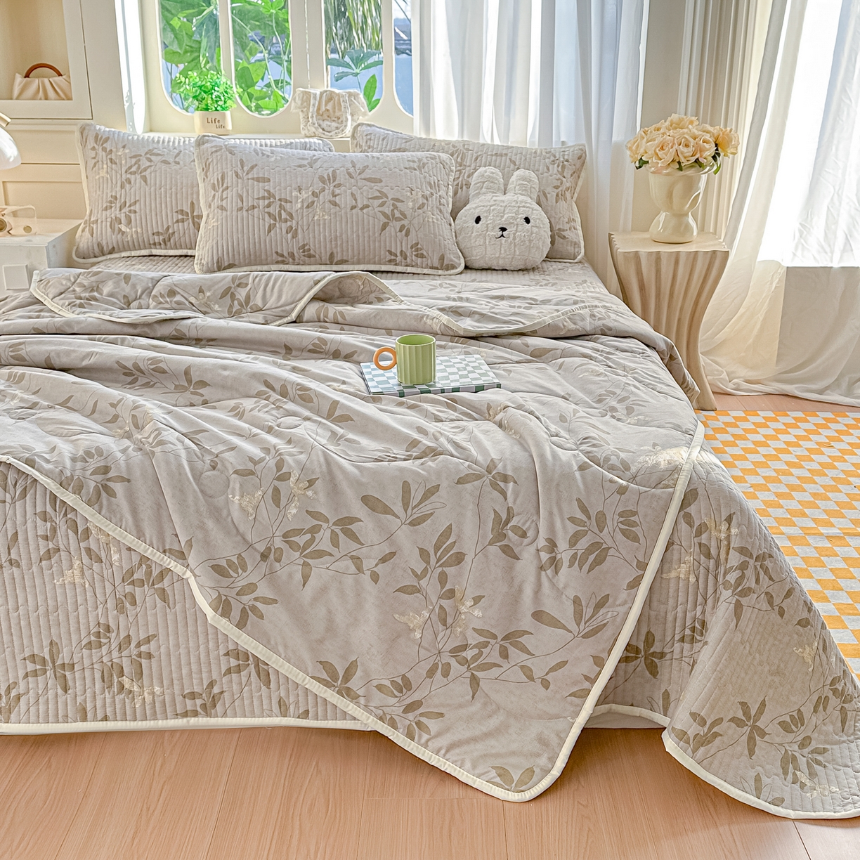 91家纺网 家纺一手货源 找家纺 慕澄家纺 2026新款小清新印花水洗棉床盖单品床盖床盖单件 灰叶