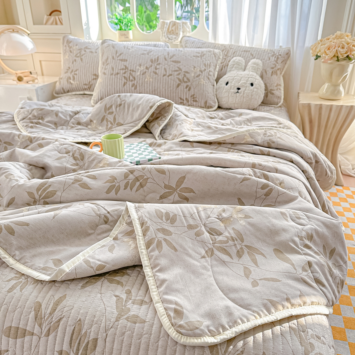 91家纺网 家纺一手货源 找家纺 慕澄家纺 2026新款小清新印花水洗棉床盖单品床盖床盖单件 灰叶