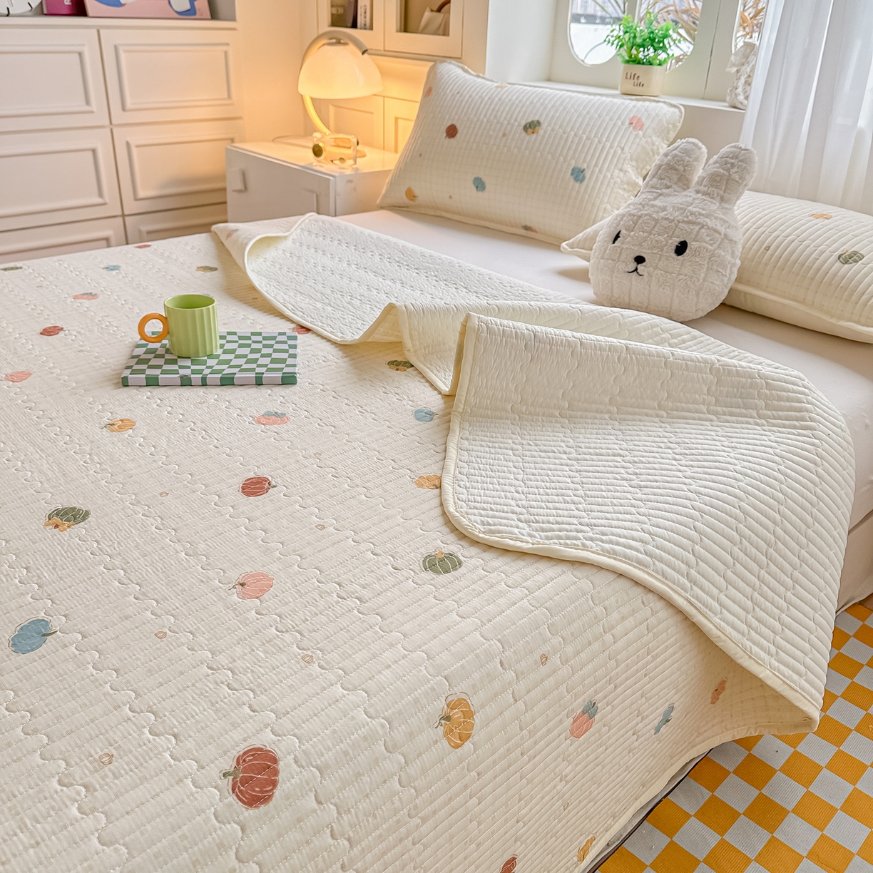 91家纺网 家纺一手货源 找家纺 慕澄家纺 2026新款小清新印花水洗棉床盖单品床盖床盖单件 彩色南瓜