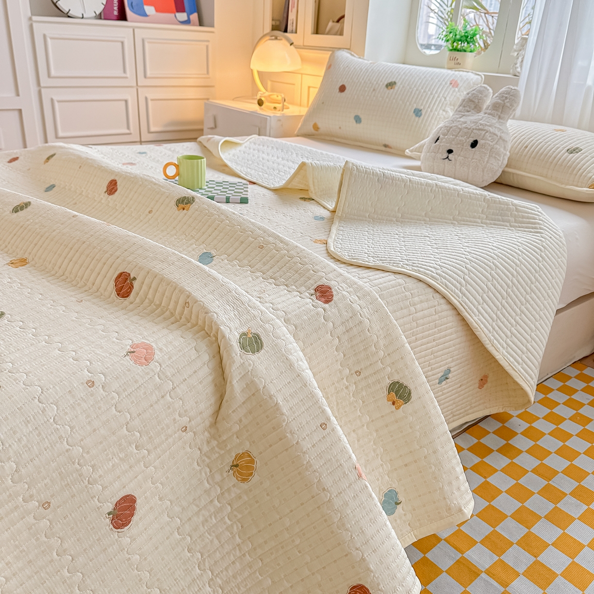 91家纺网 家纺一手货源 找家纺 慕澄家纺 2026新款小清新印花水洗棉床盖单品床盖床盖单件 彩色南瓜