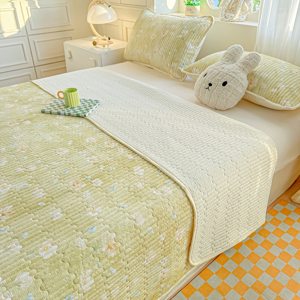 91家纺网 家纺一手货源 找家纺 慕澄家纺 2026新款小清新印花水洗棉床盖单品床盖床盖单件 绿尧