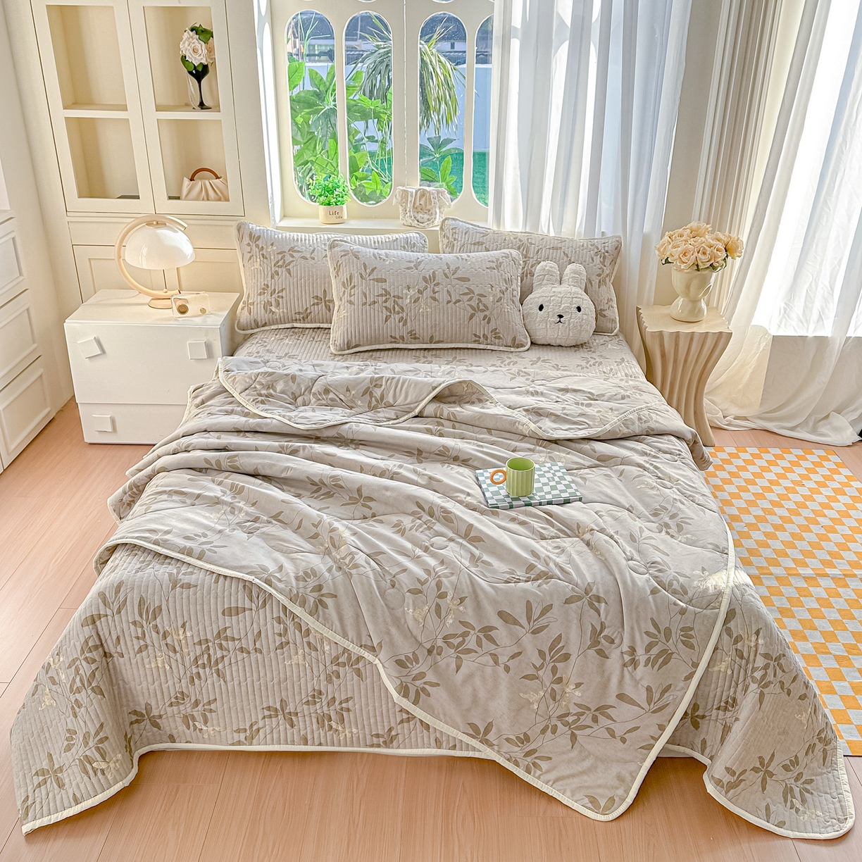 91家纺网 家纺一手货源 找家纺 慕澄家纺 2026新款小清新印花水洗棉床盖单品床盖床盖单件 灰叶