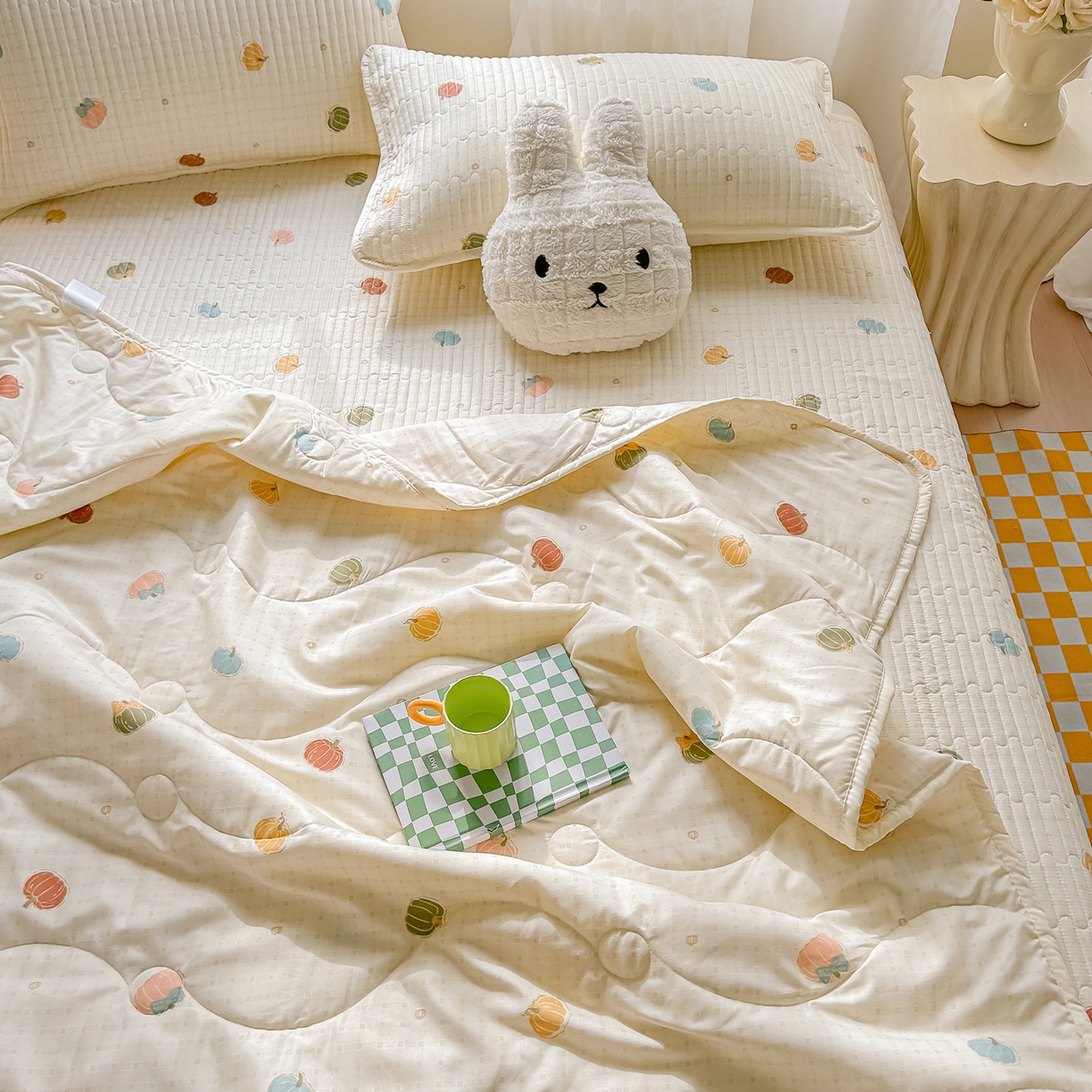 91家纺网 家纺一手货源 找家纺 慕澄家纺 2026新款小清新印花水洗棉床盖单品床盖床盖单件 彩色南瓜