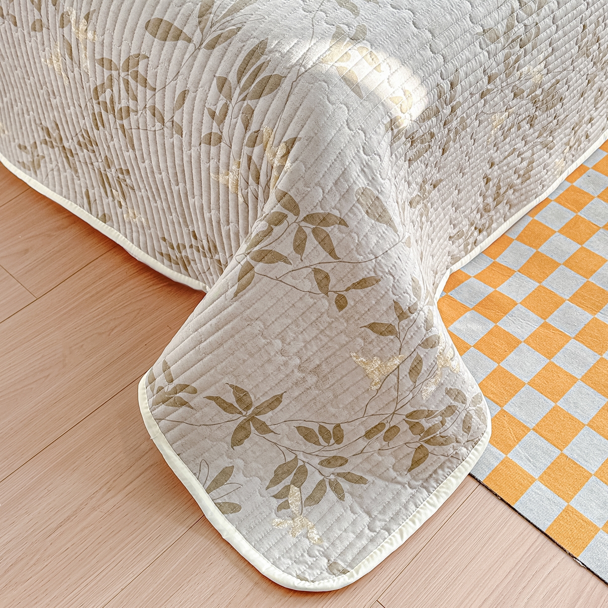 91家纺网 家纺一手货源 找家纺 慕澄家纺 2026新款小清新印花水洗棉床盖单品床盖床盖单件 灰叶