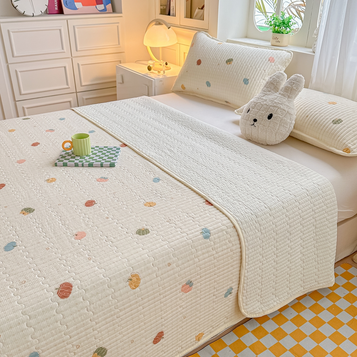 91家纺网 家纺一手货源 找家纺 慕澄家纺 2026新款小清新印花水洗棉床盖单品床盖床盖单件 彩色南瓜