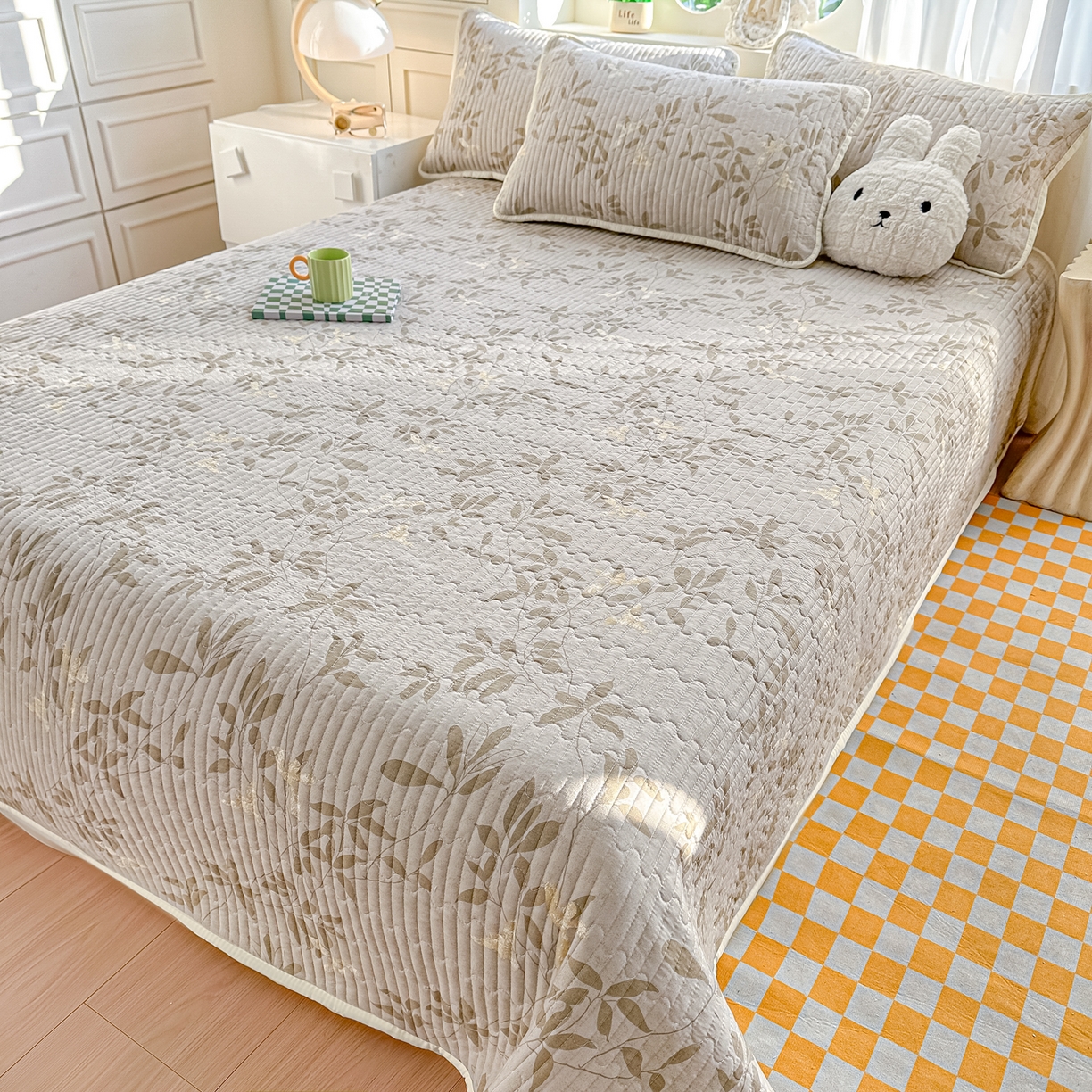 91家纺网 家纺一手货源 找家纺 慕澄家纺 2026新款小清新印花水洗棉床盖单品床盖床盖单件 灰叶