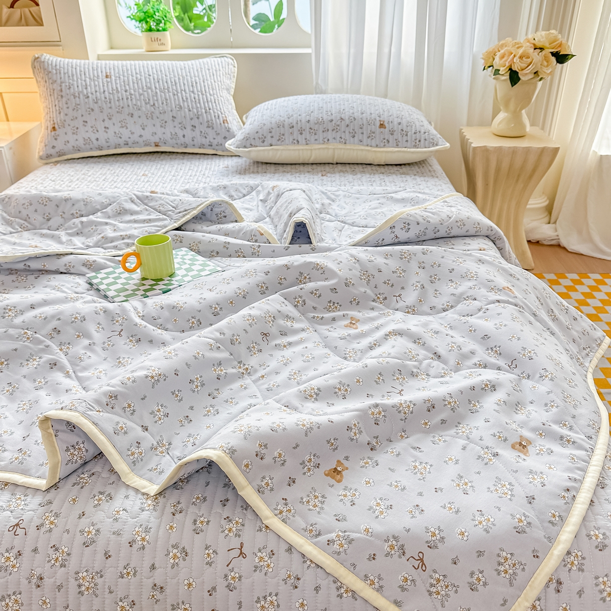 91家纺网 家纺一手货源 找家纺 慕澄家纺 2026新款小清新印花水洗棉床盖单品床盖床盖单件 可爱小熊