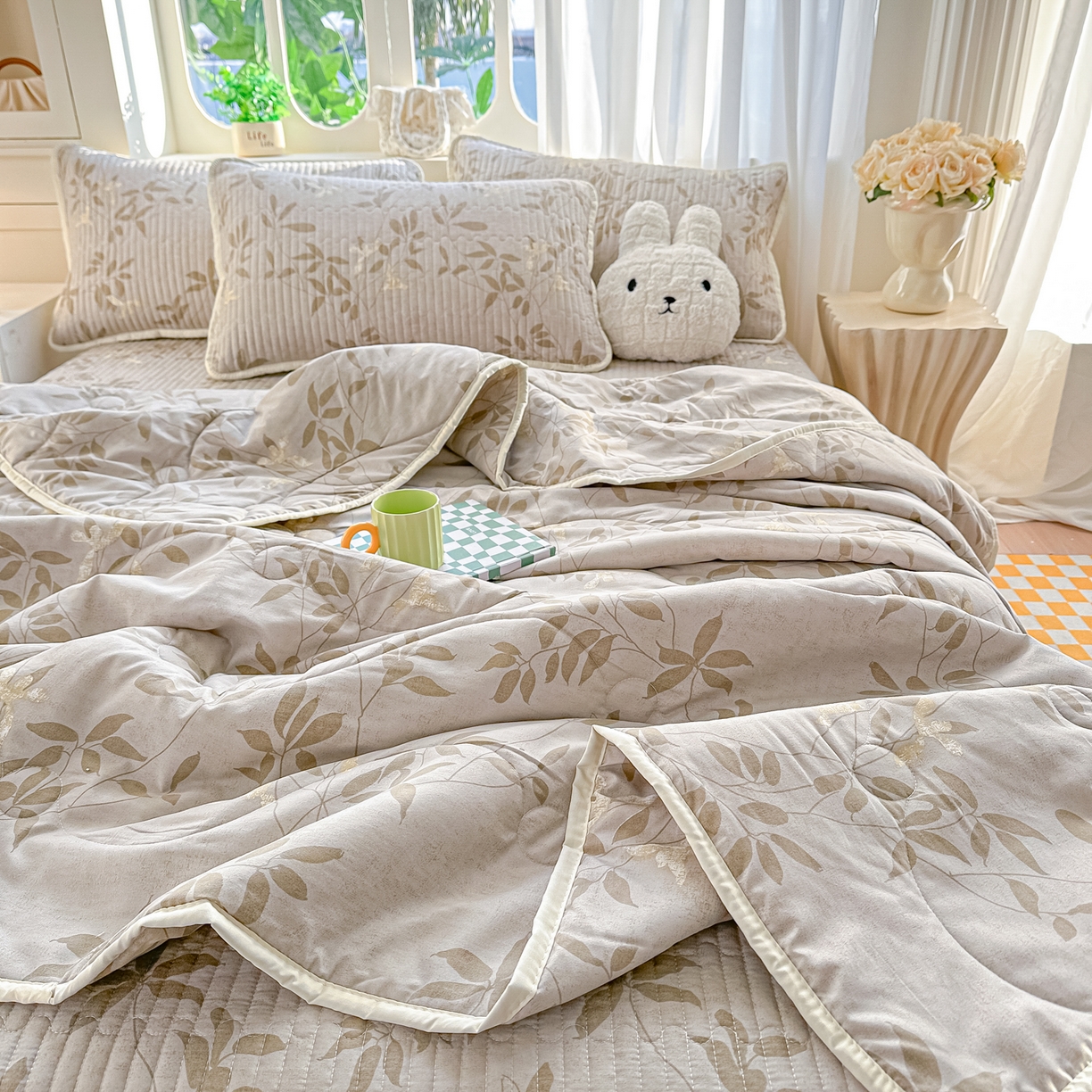 91家纺网 家纺一手货源 找家纺 慕澄家纺 2026新款小清新印花水洗棉床盖单品床盖床盖单件 灰叶