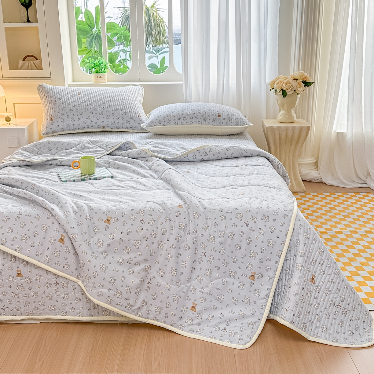91家纺网 家纺一手货源 找家纺 慕澄家纺 2026新款小清新印花水洗棉床盖单品床盖床盖单件 可爱小熊