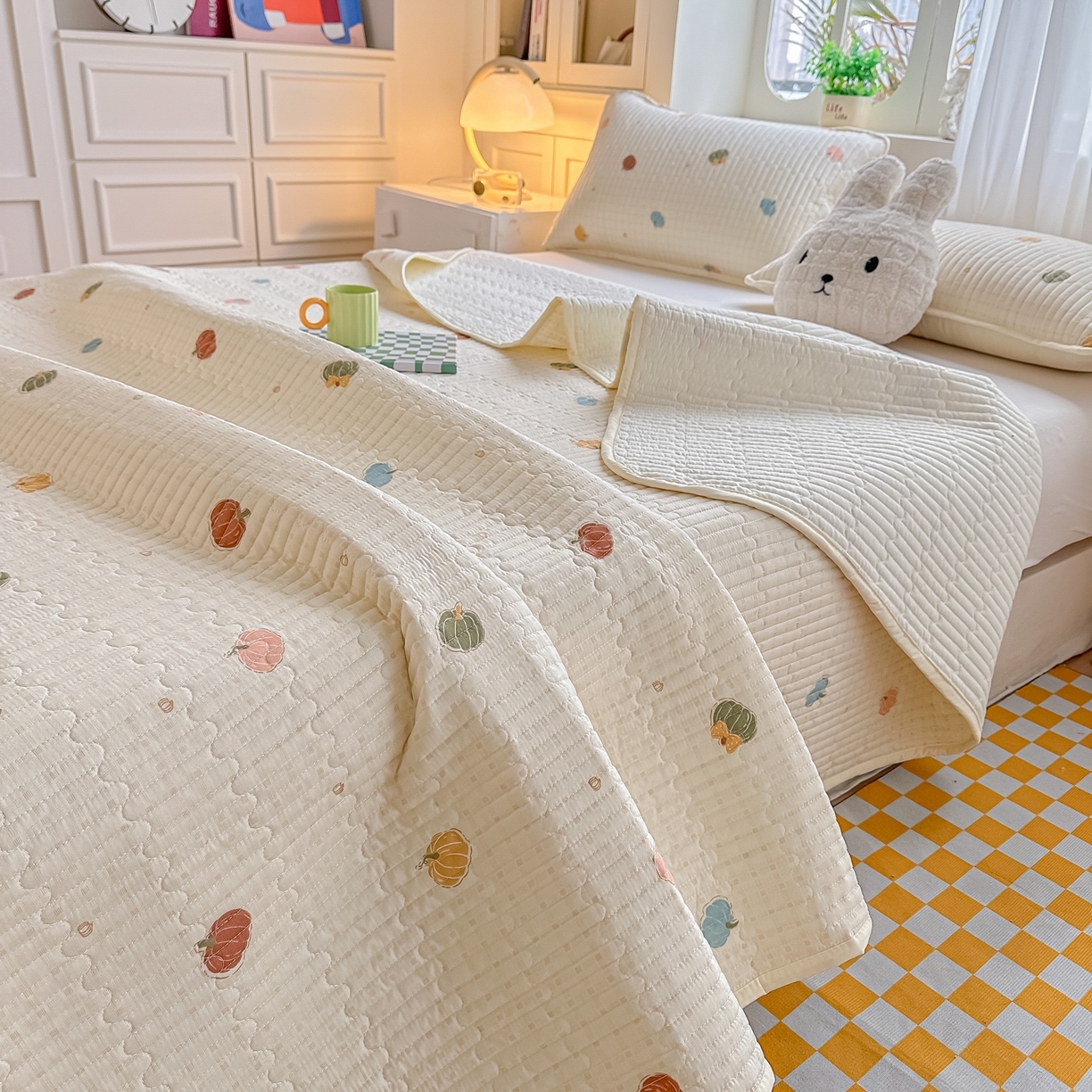 91家纺网 家纺一手货源 找家纺 慕澄家纺 2026新款小清新印花水洗棉床盖单品床盖床盖单件 彩色南瓜