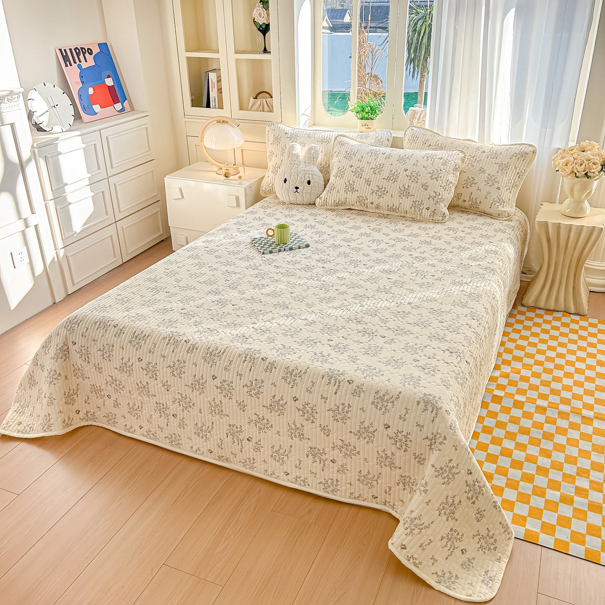 91家纺网 家纺一手货源 找家纺 慕澄家纺 2026新款小清新印花水洗棉床盖单品床盖床盖单件 蓝花樱桃