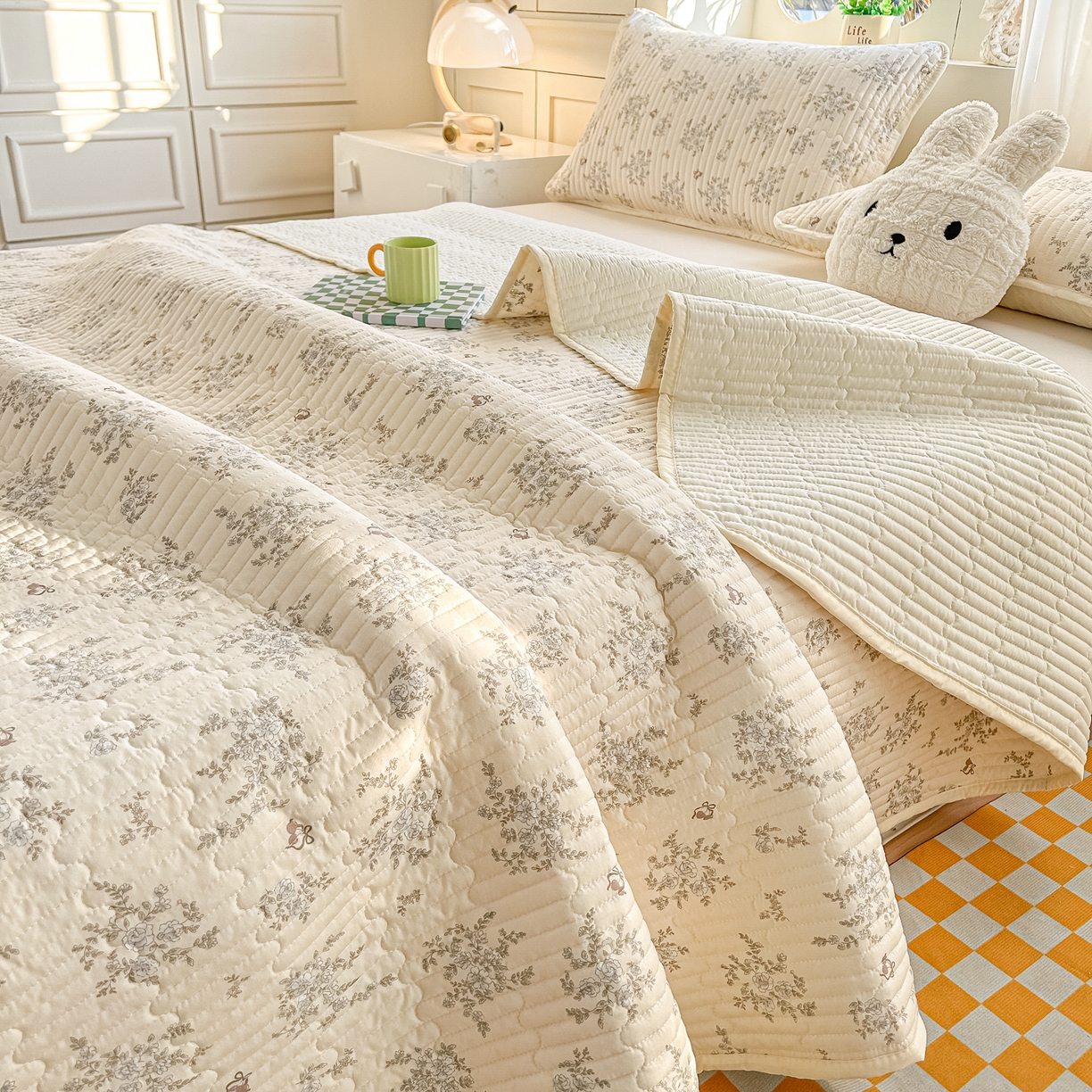 91家纺网 家纺一手货源 找家纺 慕澄家纺 2026新款小清新印花水洗棉床盖单品床盖床盖单件 蓝花樱桃