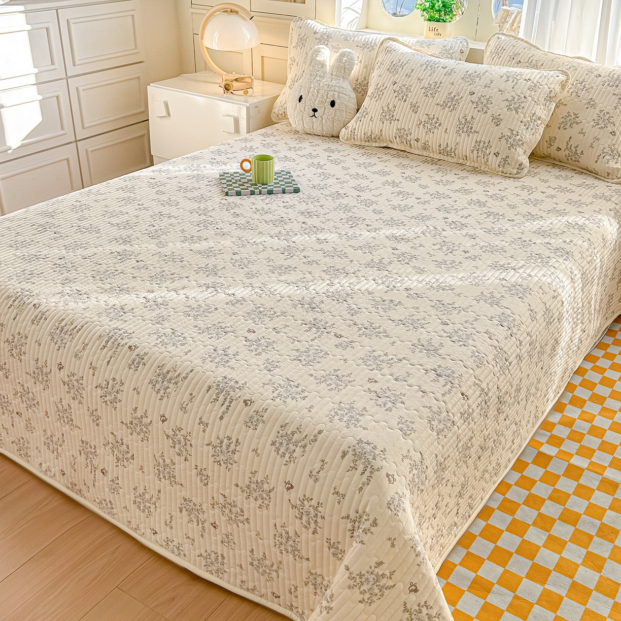 91家纺网 家纺一手货源 找家纺 慕澄家纺 2026新款小清新印花水洗棉床盖单品床盖床盖单件 蓝花樱桃