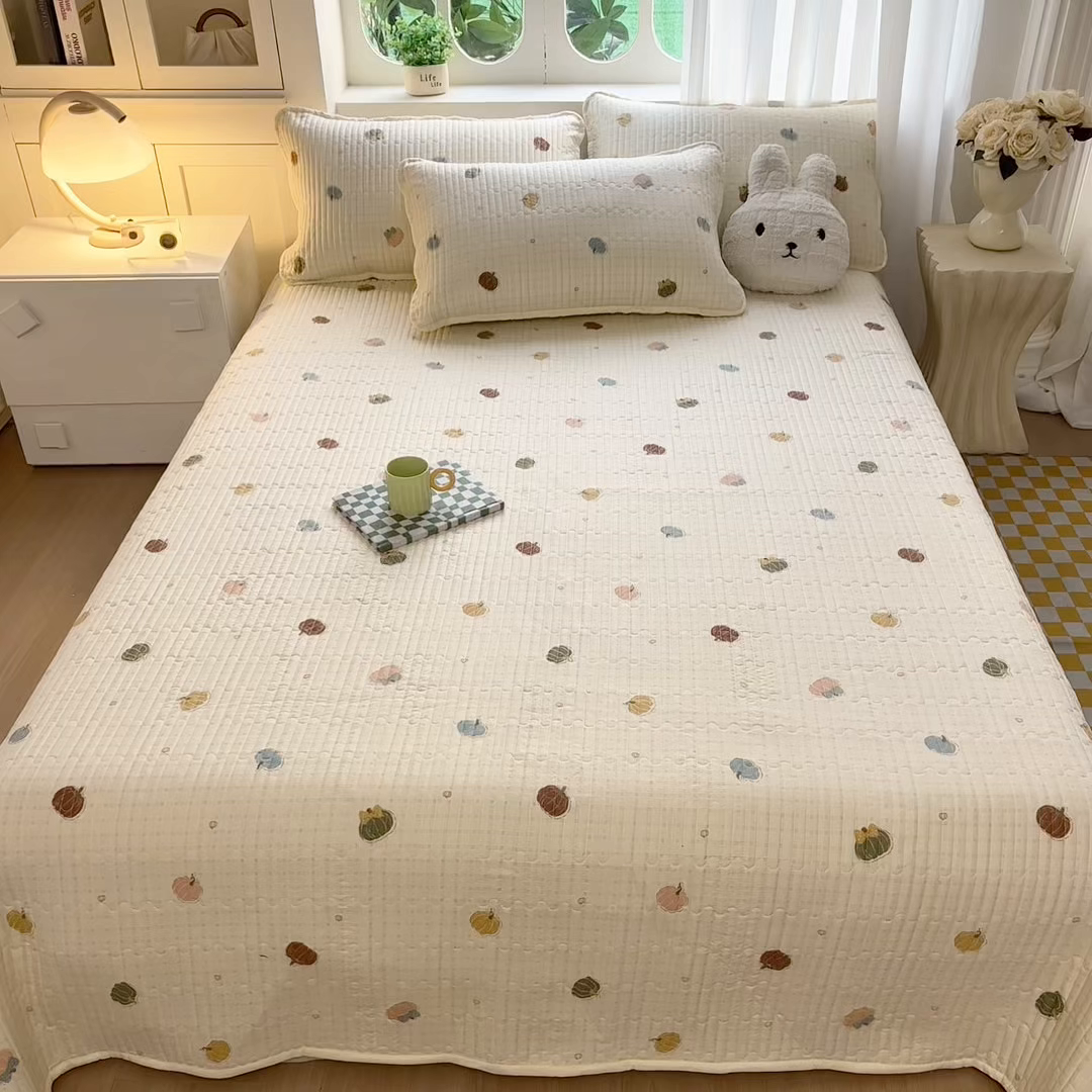 91家纺网 家纺一手货源 找家纺 慕澄家纺 2026新款小清新印花水洗棉床盖单品床盖床盖单件 彩色南瓜