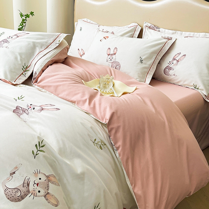 91家纺网 家纺一手货源 找家纺 帛美家纺 2026新款小清新全棉纯棉印花四件套 小萌兔