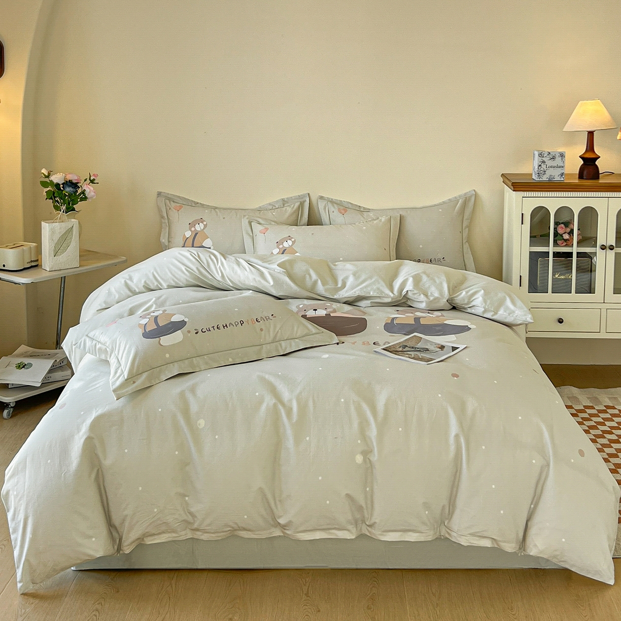 91家纺网 家纺一手货源 找家纺 帛美家纺 2026新款小清新全棉纯棉印花四件套 熊宝贝