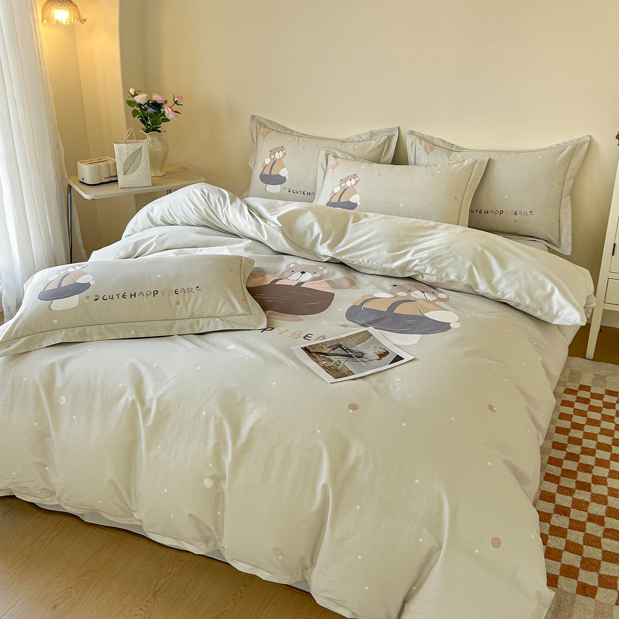 91家纺网 家纺一手货源 找家纺 帛美家纺 2026新款小清新全棉纯棉印花四件套 熊宝贝