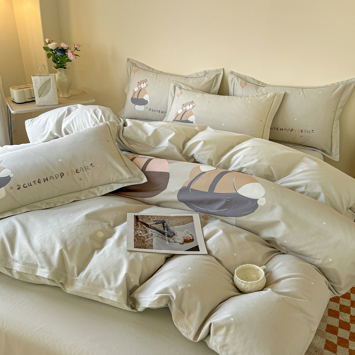 91家纺网 家纺一手货源 找家纺 帛美家纺 2026新款小清新全棉纯棉印花四件套 熊宝贝