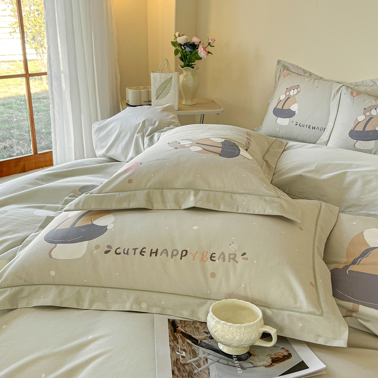 91家纺网 家纺一手货源 找家纺 帛美家纺 2026新款小清新全棉纯棉印花四件套 熊宝贝