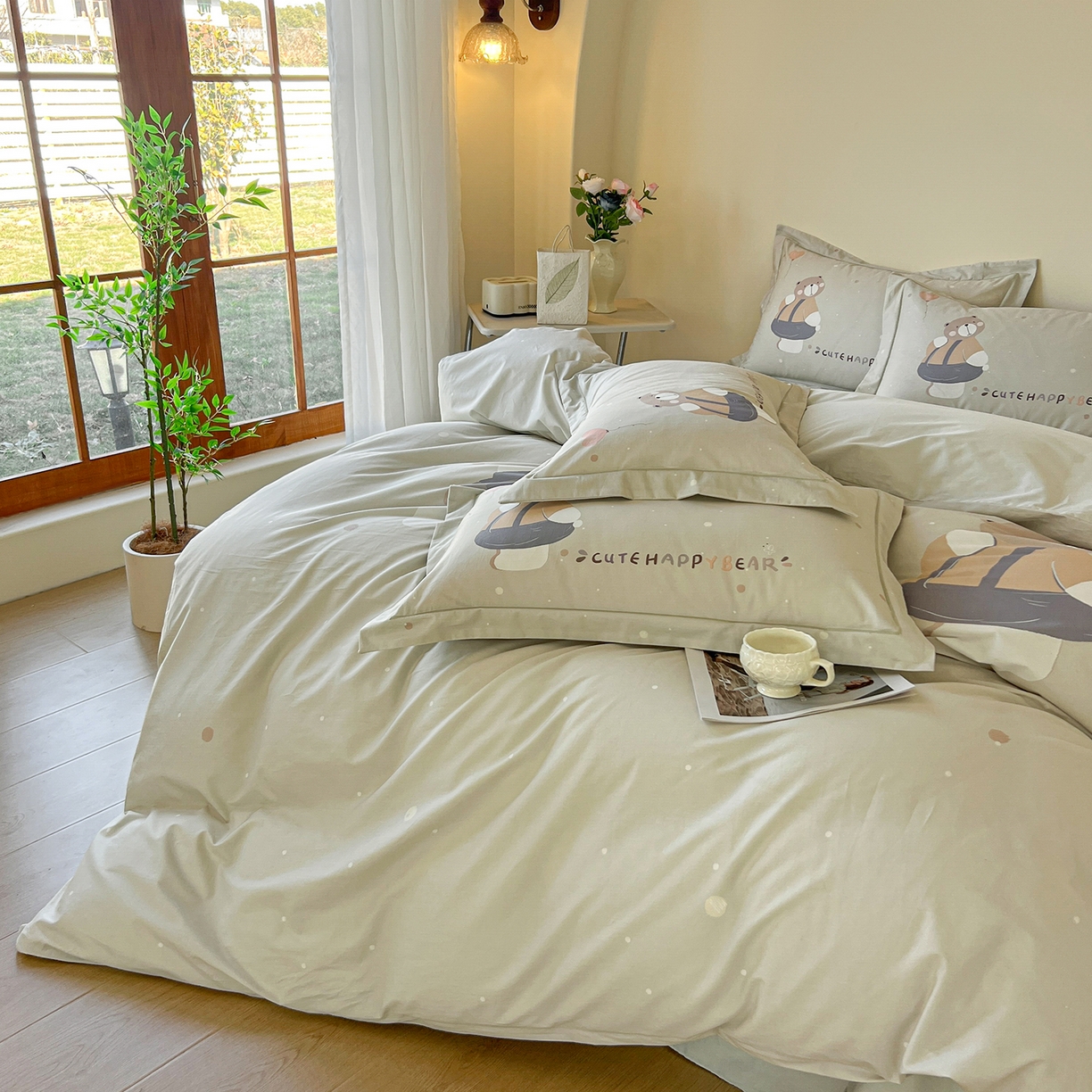 91家纺网 家纺一手货源 找家纺 帛美家纺 2026新款小清新全棉纯棉印花四件套 熊宝贝