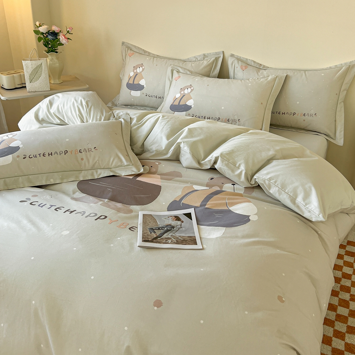 91家纺网 家纺一手货源 找家纺 帛美家纺 2026新款小清新全棉纯棉印花四件套 熊宝贝