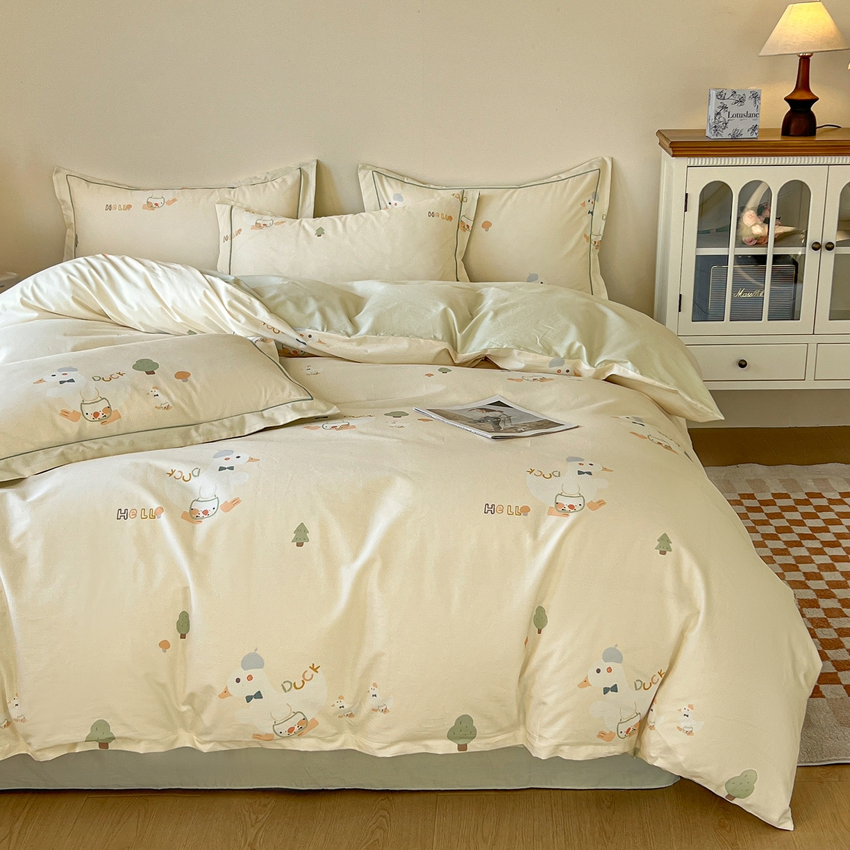 91家纺网 家纺一手货源 找家纺 帛美家纺 2026新款小清新全棉纯棉印花四件套 鸭贝贝