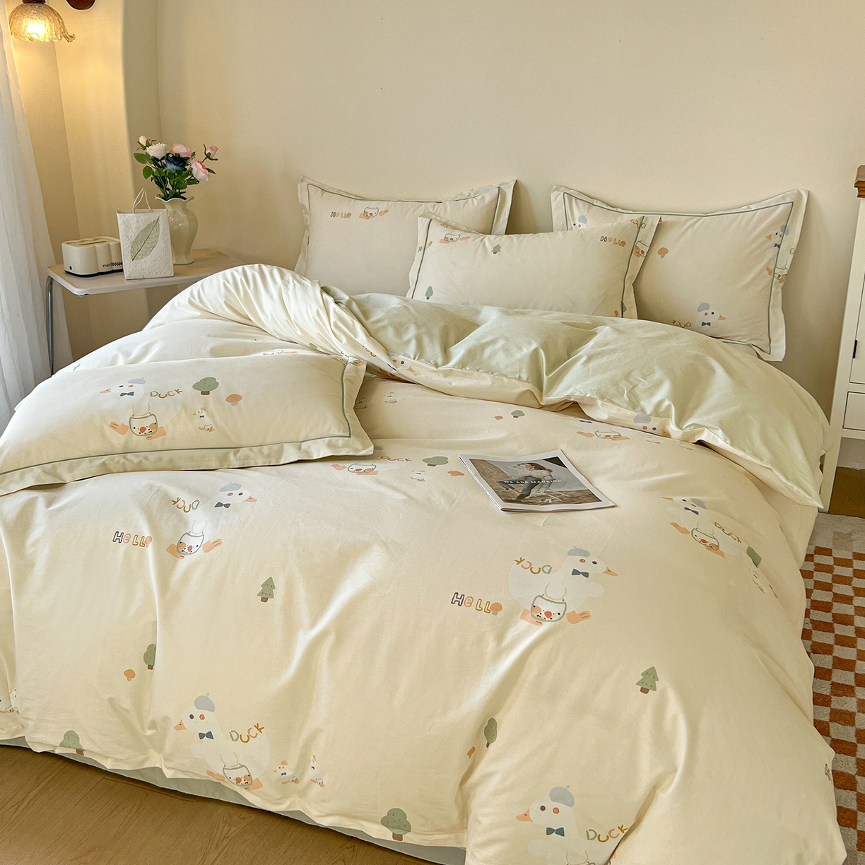 91家纺网 家纺一手货源 找家纺 帛美家纺 2026新款小清新全棉纯棉印花四件套 鸭贝贝