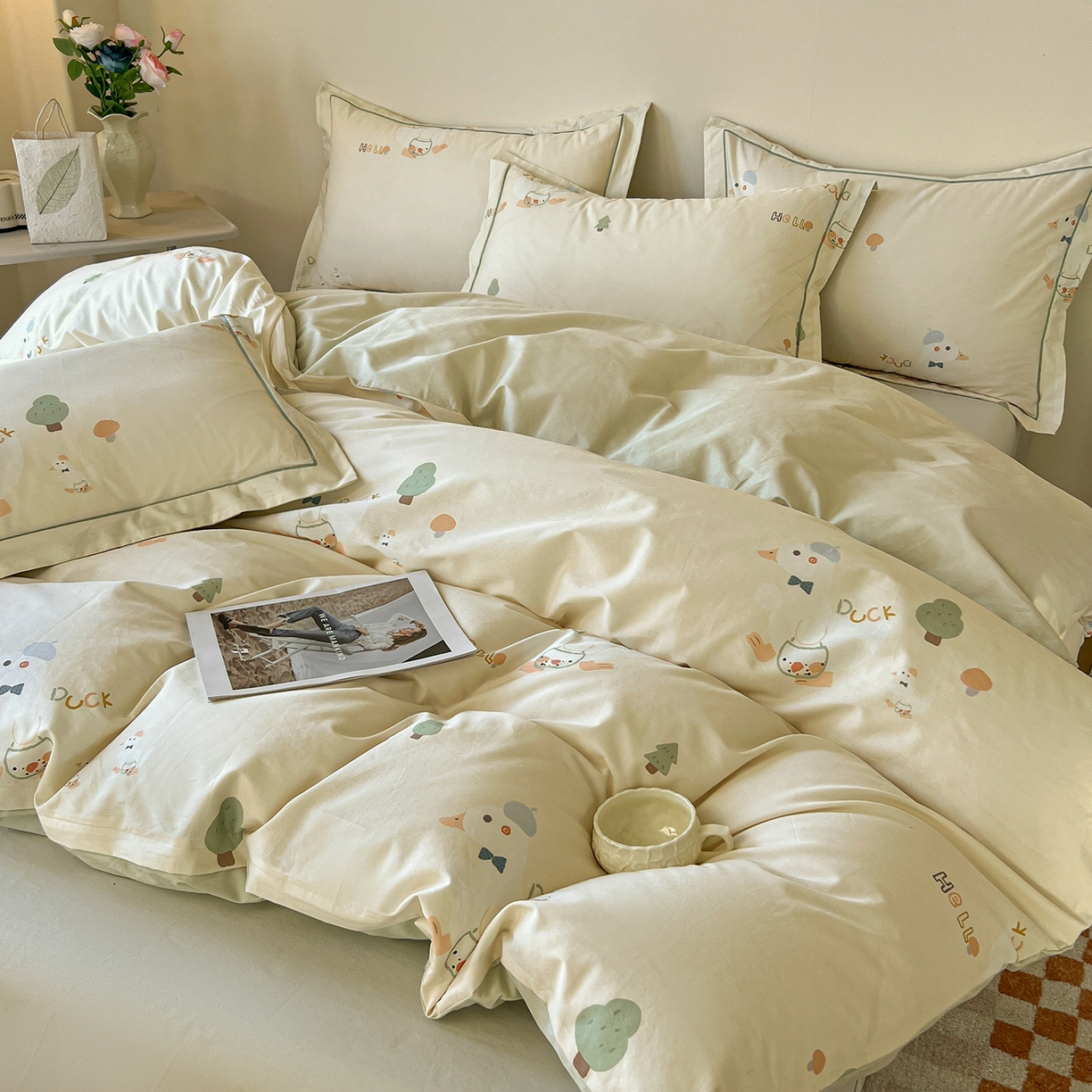 91家纺网 家纺一手货源 找家纺 帛美家纺 2026新款小清新全棉纯棉印花四件套 鸭贝贝