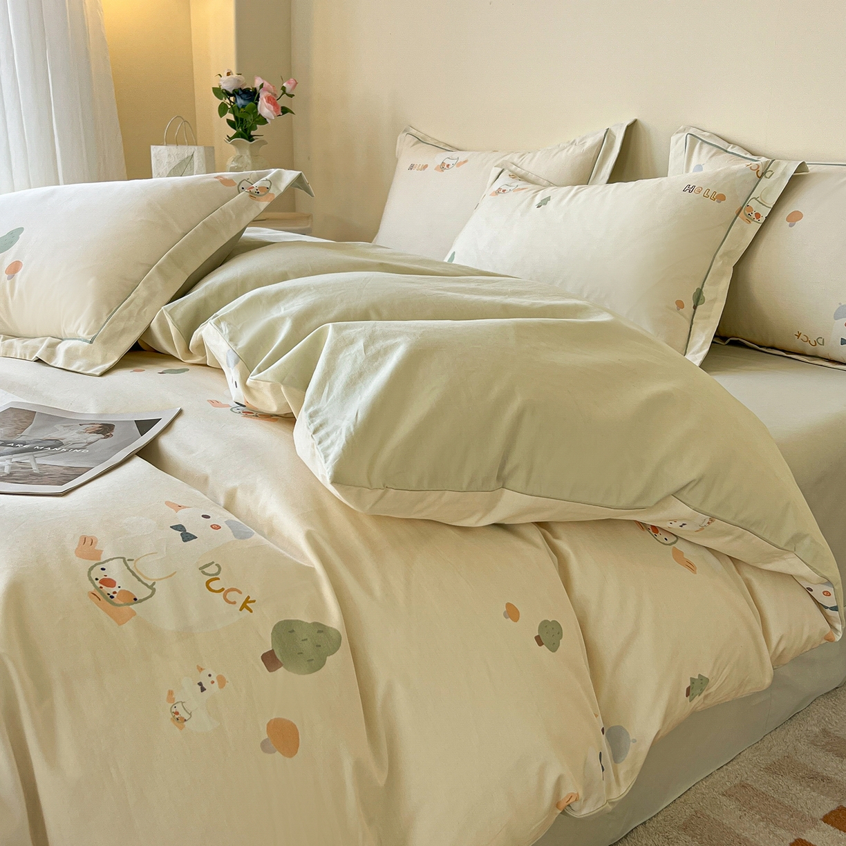 91家纺网 家纺一手货源 找家纺 帛美家纺 2026新款小清新全棉纯棉印花四件套 鸭贝贝