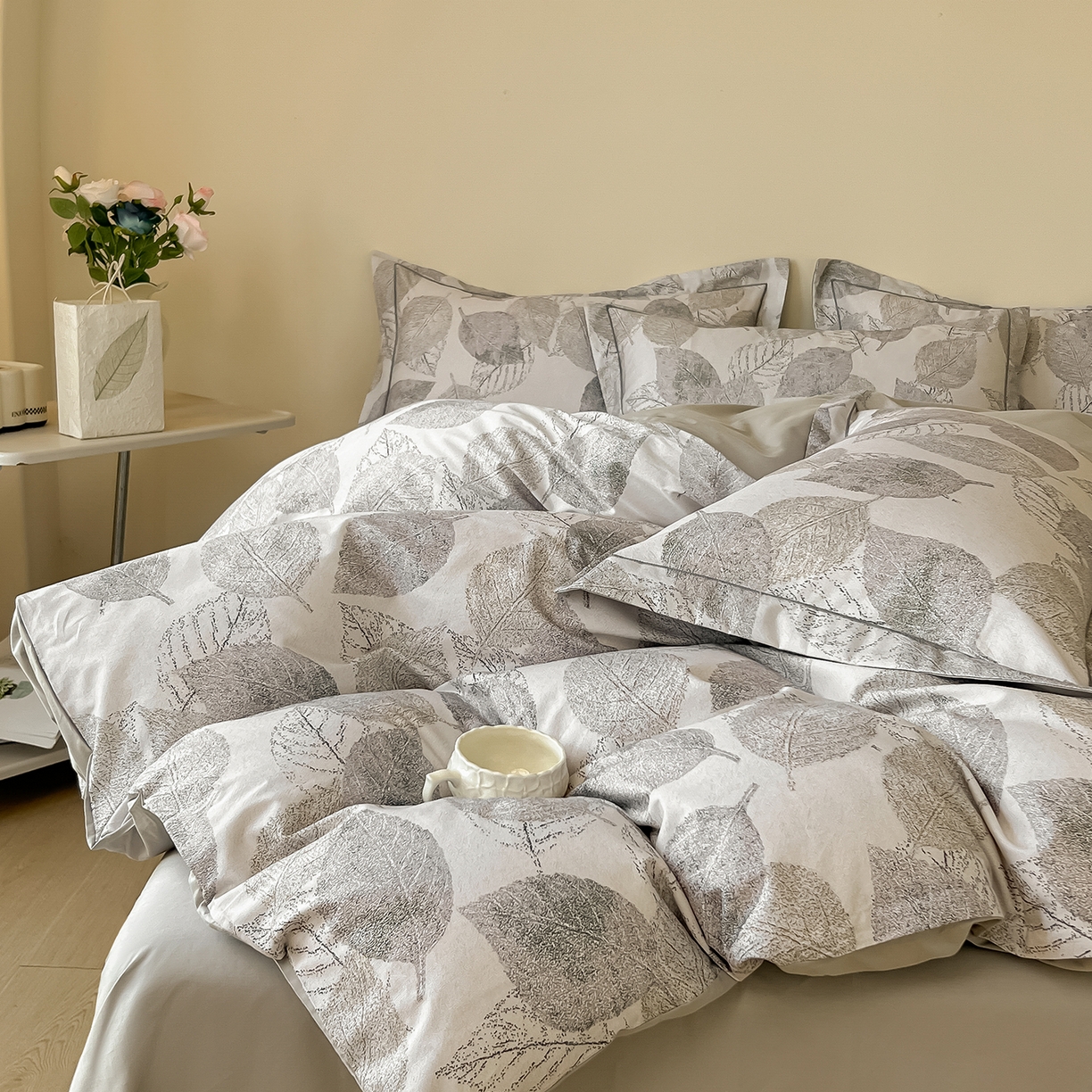 91家纺网 家纺一手货源 找家纺 帛美家纺 2026新款小清新全棉纯棉印花四件套 叶语情怀