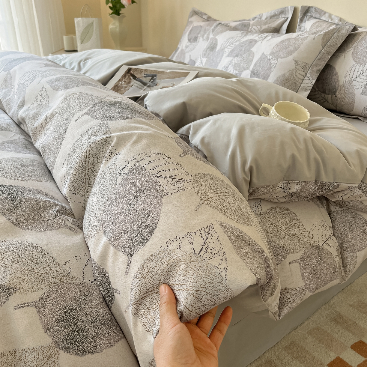 91家纺网 家纺一手货源 找家纺 帛美家纺 2026新款小清新全棉纯棉印花四件套 叶语情怀