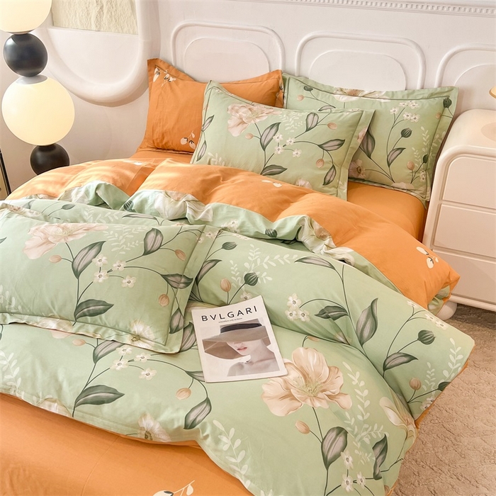 91家纺网 家纺一手货源 找家纺 帛美家纺 2026新款小清新全棉纯棉印花四件套 叶语悠然-绿