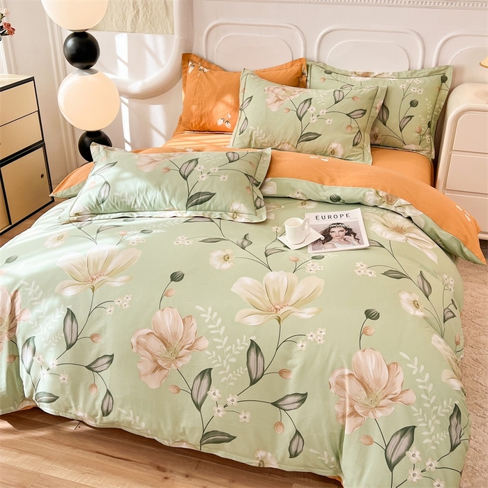 91家纺网 家纺一手货源 找家纺 帛美家纺 2026新款小清新全棉纯棉印花四件套 叶语悠然-绿