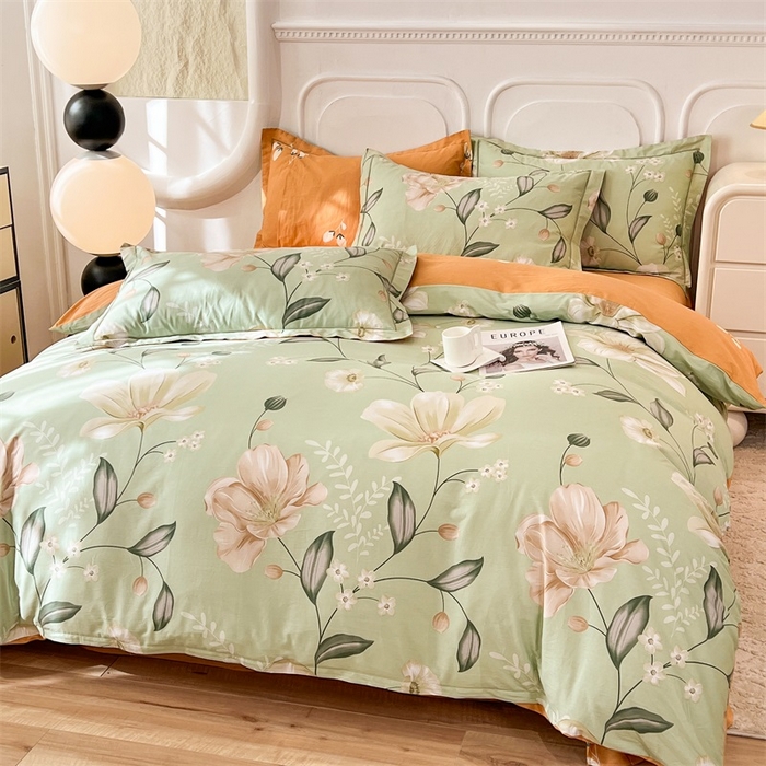 91家纺网 家纺一手货源 找家纺 帛美家纺 2026新款小清新全棉纯棉印花四件套 叶语悠然-绿