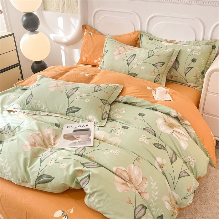 91家纺网 家纺一手货源 找家纺 帛美家纺 2026新款小清新全棉纯棉印花四件套 叶语悠然-绿