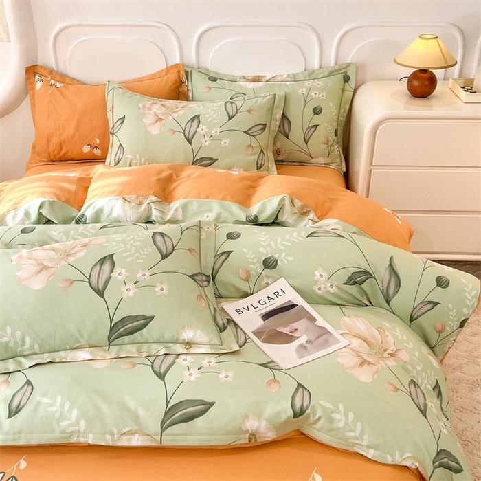 91家纺网 家纺一手货源 找家纺 帛美家纺 2026新款小清新全棉纯棉印花四件套 叶语悠然-绿